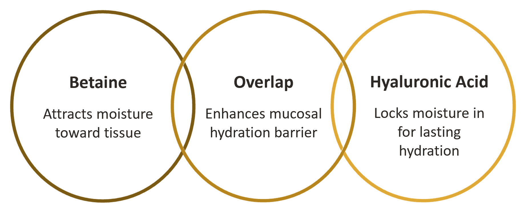 A graph showing the overlap between ingredients like betaine and hyaluronic acid, which retain moisture and soothe oral dryness.